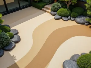 Zen Garden Pattern - Aerial view of a patio floor painted with minimalist curved lines in sand and stone colors, mimicking a Japanese zen garden