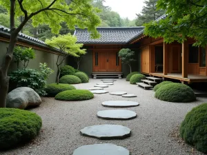 Zen Garden Stone Path - A Japanese-inspired patio with large flat stones set in a gravel base, creating a meditative walking path, wide-angle view showing the entire composition