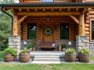 Alpine Lodge Patio - A rustic alpine lodge front patio with natural timber supports, stone foundation, wooden swing bench, and native mountain flowers in log planters