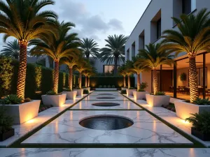 Art Deco Concrete Patio - A glamorous concrete patio with art deco patterns, featuring geometric planters with palm trees and dramatic lighting, photorealistic style