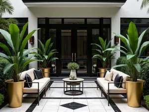 Art Deco Entrance - A sophisticated Art Deco front patio with geometric patterns, black and gold accents, sleek furniture, and structured tropical plants in brass planters