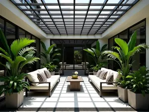 Art Deco Entry - A sophisticated Art Deco-style front patio with geometric metal shade structure, black and white tiles, and streamlined furniture with bold tropical plants