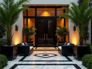 Art Deco Front Patio Style - An elegant Art Deco-inspired front patio with geometric patterns, black and gold furniture, palm plants in striking planters, and mood lighting