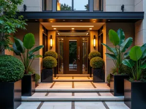 Art Deco Uplighting - Art deco inspired front patio with geometric uplighting features, chrome details, tropical plants in black planters