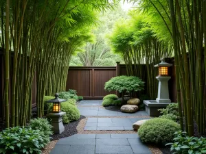 Asian-Inspired Bamboo Grove - Natural bamboo grove surrounding intimate front patio space with zen garden elements. Stone lanterns and black granite pavers