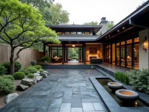 Asian Fusion Front Patio - A contemporary Asian-inspired front patio with dark granite pavers, featuring cloud-pruned trees, bamboo screens, and modern water features