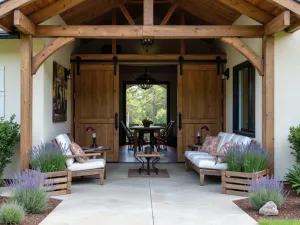 Barn-Style Covered Patio - A converted barn-style front patio with sliding barn doors, rough-hewn beams, vintage farm equipment decor, and lavender plants in weathered wooden crates