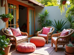 Bohemian Eclectic Lounge - Vibrant front patio with colorful rattan furniture, Moroccan poufs, mixed pattern cushions, and hanging plants in macrame holders, warm afternoon light