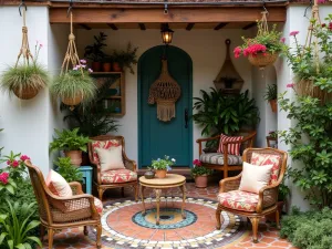 Bohemian Front Patio Garden - A colorful bohemian front patio with mosaic tile details, mixed vintage furniture, hanging macrame planters, and an eclectic mix of flowering plants