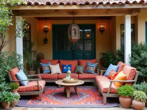 Bohemian Front Patio Retreat - A colorful bohemian front patio with layered textiles, mismatched furniture, Moroccan lanterns, and potted succulents