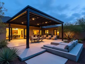 Cantilever Shade Structure - Bold modern patio with metal cantilever shade structure, integrated lighting, and geometric concrete seating surrounded by drought-resistant plants