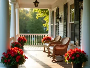 Classic American Porch Setting - Traditional front patio with classic porch swing, wicker chairs, and white column planters filled with red geraniums, late afternoon sunlight