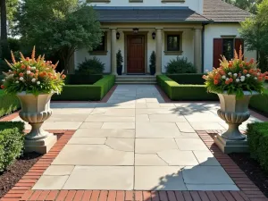 Classic Bordered Concrete Patio - A traditional concrete patio with brick border detail, featuring boxwood hedges and classical urns with flowering annuals, photorealistic style