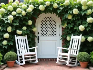 Classic Colonial Porch Privacy - Traditional white wooden privacy lattice with climbing hydrangea. Classic rocking chairs and potted boxwood on brick patio