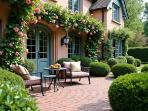 Classic English Front Patio Garden - A traditional English front patio with climbing roses, boxwood hedges, classic iron furniture, and traditional brick pavers