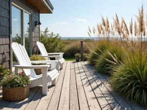 Coastal Beach House Entry - A breezy coastal front patio with weathered wood decking, rope details, white Adirondack chairs, and tall ornamental grasses swaying in the wind