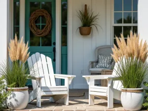 Coastal Beach House Setting - Breezy coastal front patio with weathered white Adirondack chairs, rope accents, and tall grasses in white-washed planters, natural beachy atmosphere