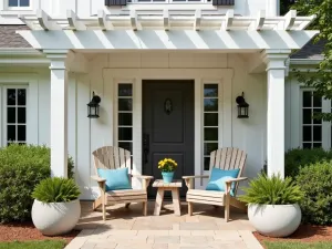 Coastal Breezeway - A breezy coastal-style front patio with white-painted pergola, weathered wood furniture, and potted coastal plants, featuring sand-colored pavers