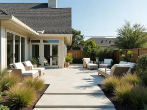 Coastal Concrete Patio Retreat - A breezy coastal-style concrete patio with weather-resistant furniture and ornamental grasses, featuring built-in concrete planters with coastal plants, photorealistic style