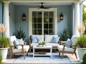 Coastal Front Patio Design - A breezy coastal-style front patio with weathered wood furniture, blue and white striped cushions, and ornamental grasses in white planters