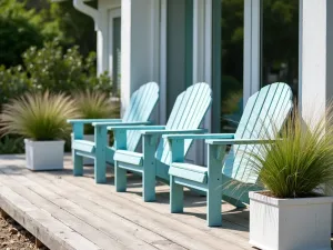 Coastal Front Patio Retreat - A breezy coastal front patio with weathered wood decking, Adirondack chairs in soft blue, and ornamental sea grasses in white-washed planters