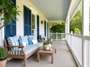 Coastal Ranch Welcome - Beach-inspired front patio with weathered teak furniture, white-painted railings, blue and white striped cushions, and potted palm trees