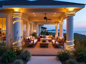 Coastal Rope Light Display - Beach-style front patio with nautical rope lights wrapped around pillars, weathered teak furniture, coastal grasses, soft evening glow