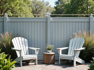 Coastal Style Privacy Screen - Weather-resistant composite privacy screen in soft gray with nautical rope details. Adirondack chairs and coastal ornamental grasses