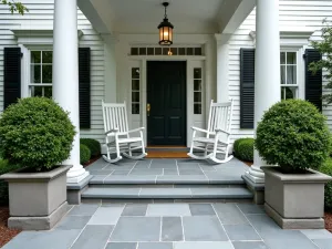 Colonial Front Porch Patio - A classic colonial front patio with bluestone pavers, white columns, traditional rocking chairs, and symmetrical boxwood planters flanking the entrance