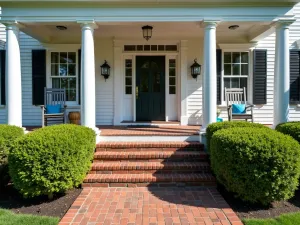 Colonial Portico Entrance - An elegant colonial-style front patio with symmetrical boxwood hedges, classical columns, brick steps, and traditional rocking chairs with blue cushions