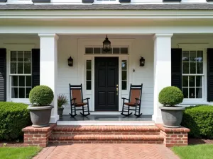 Colonial Portico Patio - An elegant colonial-style front patio with white columns supporting a traditional portico, featuring symmetrical boxwood planters and comfortable rocking chairs, brick steps leading to entrance