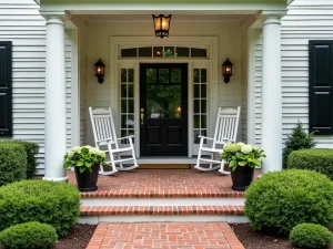 Colonial Revival Front Porch Patio - An elegant front patio extension of a colonial-style porch, with brick pavers, boxwood hedges, and hydrangea bushes, featuring classic white rocking chairs