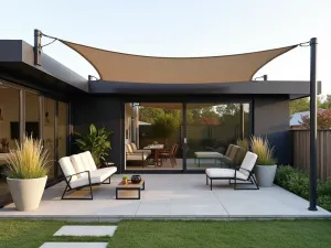 Contemporary Canvas Shade - A sleek modern front patio with retractable canvas shade sails, geometric concrete planters with ornamental grasses, and minimal metal furniture