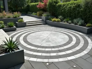 Contemporary Circular Concrete Patio - A striking circular concrete patio with concentric circle patterns, surrounded by modern metal planters with architectural succulents, photorealistic style