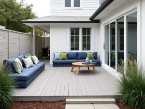 Contemporary Coastal Front Patio - Modern beach-inspired small front patio with light wooden decking, navy and white color scheme, built-in seating, and ornamental grasses