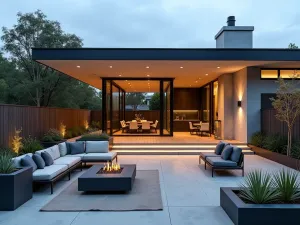 Contemporary Covered Entry Patio - Sleek covered front patio with concrete flooring, minimalist outdoor furniture, built-in LED lighting, and steel planters with architectural succulents