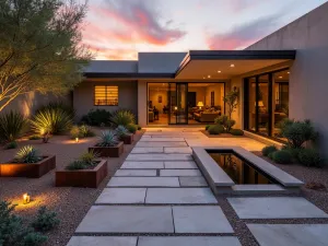 Contemporary Desert Oasis - A modern desert front patio with geometric concrete pavers, cor-ten steel planters, architectural succulents, and a water feature, dramatic sunset lighting