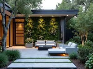 Contemporary Front Patio Living Wall - A sophisticated contemporary front patio featuring a vertical living wall with mixed ferns and succulents, LED lighting, and sleek modern seating in light gray