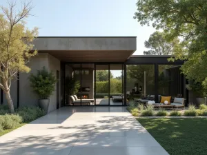 Contemporary Glass Canopy - Modern ranch entrance with sleek glass canopy, polished concrete floors, minimalist furniture, and sculptural container gardens