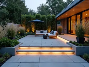 Contemporary LED Step Lights - Minimalist front patio with built-in LED strip lighting under concrete steps, sleek furniture, geometric planters with ornamental grasses