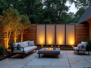 Contemporary Mixed Material Screen - Privacy screen combining wood, metal, and frosted acrylic panels. Modern outdoor sectional and dramatic uplighting on travertine patio