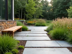 Contemporary Prairie Front Patio - A modern prairie-style front patio with linear concrete pavers, featuring native grasses, black-eyed susans, and contemporary wooden bench seating