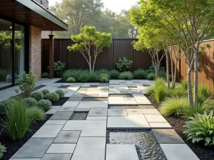 Contemporary Rain Garden Patio - An eco-friendly concrete patio with permeable sections, surrounded by rain garden plants and modern concrete rain chains, photorealistic style