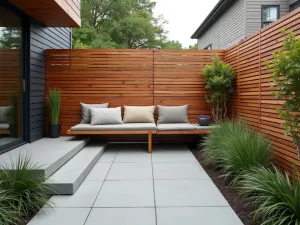 Contemporary Slatted Privacy Wall - Horizontal cedar slat privacy wall with integrated bench seating on modern front patio. Architectural grasses and geometric planters