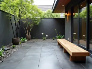 Contemporary Zen Front Patio - A peaceful Japanese-inspired front patio with large slate tiles, featuring a modern rock garden, potted black bamboo, and minimalist teak bench seating