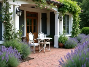 Cottage-Style Front Patio Garden - A charming cottage-style front patio with herringbone brick pavers, surrounded by lush lavender borders and climbing roses on white trellises, with a vintage wrought iron bistro set