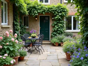 Cottage Garden Front Patio - A charming cottage-style front patio with natural stone pavers, surrounded by climbing roses, foxgloves, and delphiniums, with a vintage metal bistro set