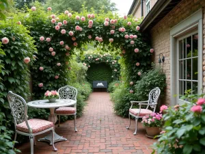 Cottage Garden Ranch Entry - Romantic front patio with climbing roses on trellises, brick pathways, vintage metal furniture, and overflowing cottage garden plantings