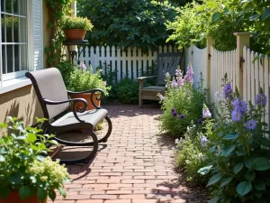 Cottage Garden Welcome Patio - Charming small front patio with brick herringbone pattern, vintage metal glider, overflowing cottage garden borders with foxgloves and delphiniums, white picket fence