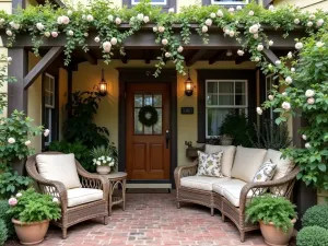 Cottage Garden Welcome - A cozy cottage-style front patio with a vintage wooden arbor covered in climbing roses and clematis, featuring weathered brick pavers and comfortable wicker furniture with plush cushions